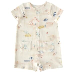 Pehr Short Sleeve Pocket Romper in Sand 6-12 mos